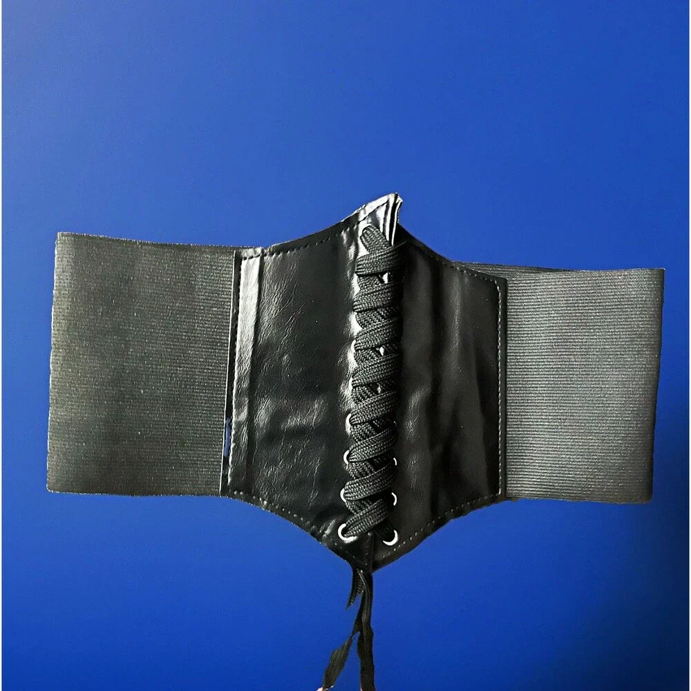 Black Wide Corset Waist Belt Lace Up Elastic Faux Leather gothic Small costume